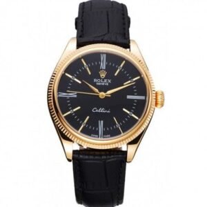 Rolex Cellini Black Dial Gold Case Black Leather Strap 622832
