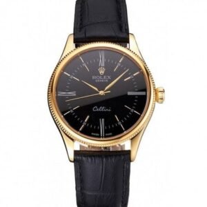 Rolex Cellini Black Dial Roman Numerals Gold Case Black Leather Strap
