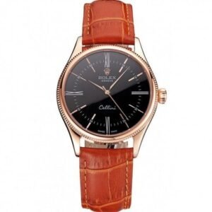 Rolex Cellini Black Dial Roman Numerals Rose Gold Case Light Brown Leather Strap