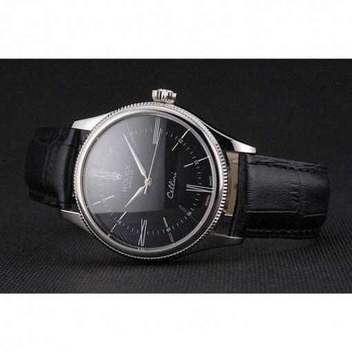 Rolex Cellini Black Dial Roman Numerals Stainless Steel Case Black Leather Strap - Image 4