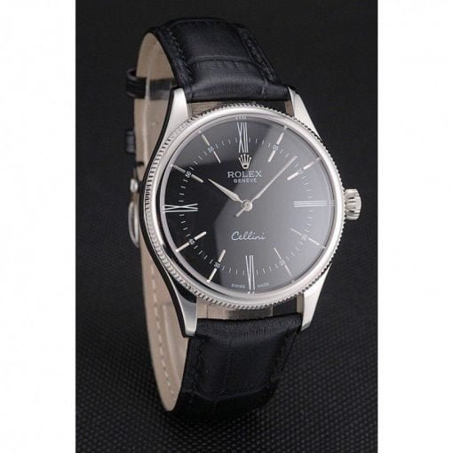 Rolex Cellini Black Dial Roman Numerals Stainless Steel Case Black Leather Strap - Image 5