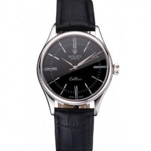 Rolex Cellini Black Dial Roman Numerals Stainless Steel Case Black Leather Strap