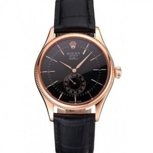 Rolex Cellini Black Dial Rose Gold Case Black Leather Strap