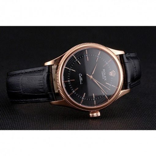 Rolex Cellini Black Dial Rose Gold Markings Rose Gold Case Black Leather Strap - Image 2