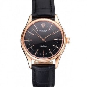 Rolex Cellini Black Dial Rose Gold Markings Rose Gold Case Black Leather Strap