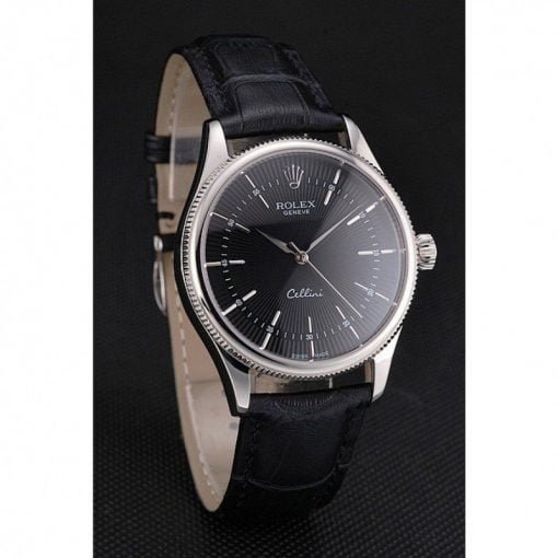 Rolex Cellini Black Dial Steel Case Black Leather Strap - Image 2