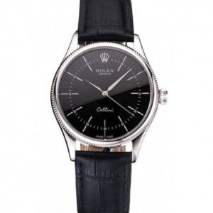 Rolex Cellini Black Dial Steel Case Black Leather Strap