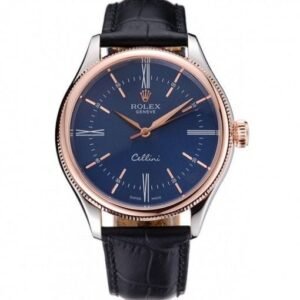 Rolex Cellini Blue Dial Gold Bezel Stainless Steel Case Black Leather Strap 622841