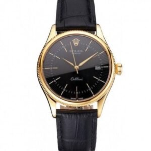 Rolex Cellini Date Black Dial Gold Case Black Leather Strap