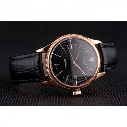 Rolex Cellini Date Black Dial Rose Gold Markings Rose Gold Case Black Leather Strap - Image 5
