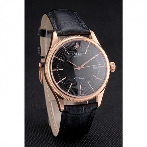 Rolex Cellini Date Black Dial Rose Gold Markings Rose Gold Case Black Leather Strap - Image 2