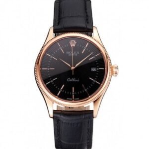 Rolex Cellini Date Black Dial Rose Gold Markings Rose Gold Case Black Leather Strap