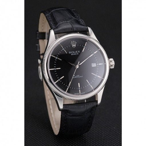Rolex Cellini Date Black Dial Stainless Steel Case Black Leather Strap - Image 2