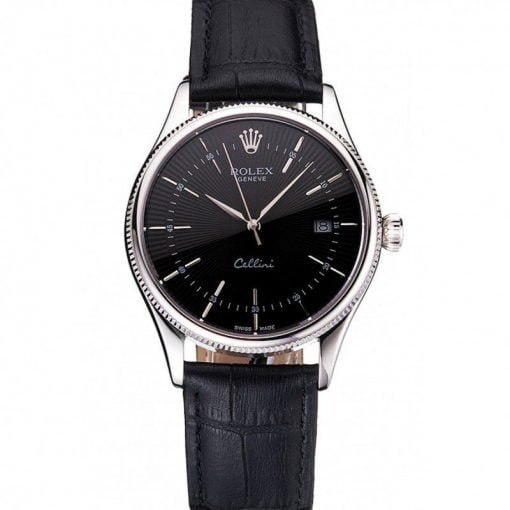 Rolex Cellini Date Black Dial Stainless Steel Case Black Leather Strap