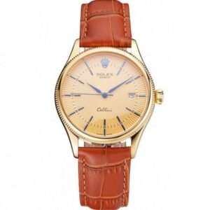 Rolex Cellini Date Gold Guilloche Dial Gold Case Light Brown Leather Strap