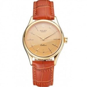 Rolex Cellini Gold Dial And Markings Gold Case Light Brown Leather Strap