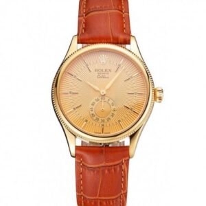 Rolex Cellini Gold Dial Gold Case Light Brown Leather Strap