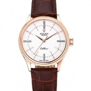 Rolex Cellini Time Gold Case White Dial Brown Leather Bracelet 622655