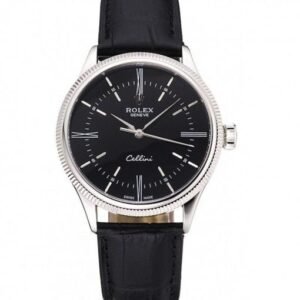 Rolex Cellini Time Silver Case Black Dial Black Leather Bracelet 622654
