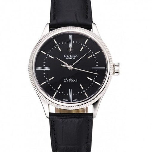 Rolex Cellini Time Silver Case Black Dial Black Leather Bracelet 622654