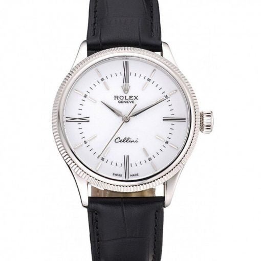 Rolex Cellini Time Silver Case White Dial Black Leather Bracelet 622653