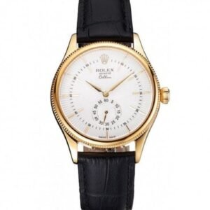 Rolex Cellini White Dial Gold Case Black Leather Strap