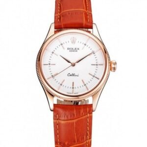 Rolex Cellini White Dial Rose Gold Case Brown Leather Strap