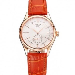 Rolex Cellini White Dial Rose Gold Case Light Brown Leather Strap