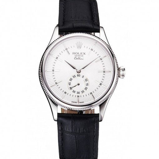 Rolex Cellini White Dial Stainless Steel Case Black Leather Strap
