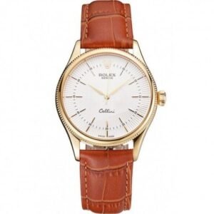 Rolex Cellini White Guilloche Dial Gold Case Light Brown Leather Strap