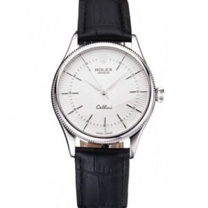 Rolex Cellini White Guilloche Dial Stainless Steel Case Black Leather Strap