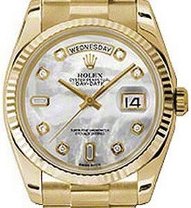 Rolex Day-Date 36 Mother of Pearl Diamond Yellow Gold Watch 118238