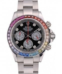 Rolex Daytona Cosmograph Rainbow Crystals Bezel Stainless Steep Strap Black Dial 80250