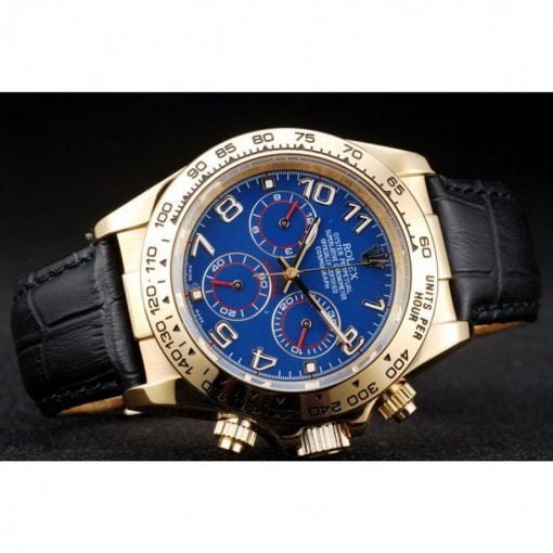 Rolex Daytona Gold Case Blue Dial Black Leather Strap - Image 3