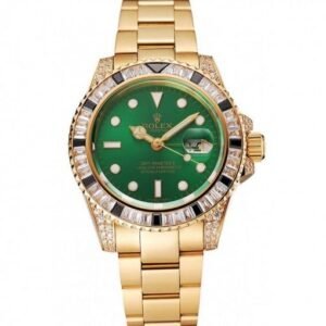 Rolex GMT Master II Green Dial Stone Set Bezel Gold Case And Bracelet 1453748