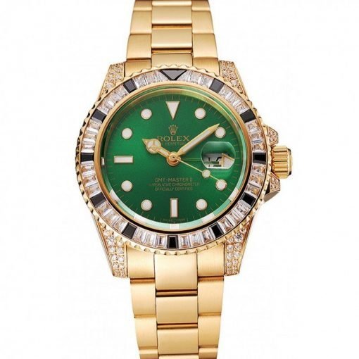 Rolex GMT Master II Green Dial Stone Set Bezel Gold Case And Bracelet 1453748
