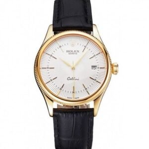 Swiss Rolex Cellini Date White Dial Gold Case Black Leather Strap