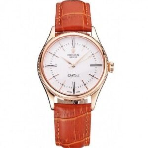 Rolex Cellini White Dial Roman Numerals Rose Gold Case Light Brown Leather Strap